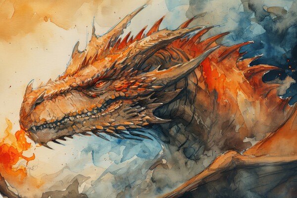 Watercolor of an impressive dragon spying fire. Picture Board by Michael Piepgras