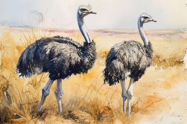 Watercolor of an Ostrich couple in the savannah. Picture Board by Michael Piepgras