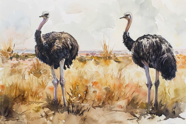Watercolor of an Ostrich couple in the savannah. Picture Board by Michael Piepgras