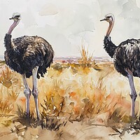 Buy canvas prints of Watercolor of an Ostrich couple in the savannah. by Michael Piepgras