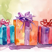 Buy canvas prints of Watercolor of beautiful wrapped gifts and presents. by Michael Piepgras