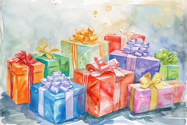 Watercolor of beautiful wrapped gifts and presents. Picture Board by Michael Piepgras