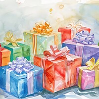 Buy canvas prints of Watercolor of beautiful wrapped gifts and presents. by Michael Piepgras