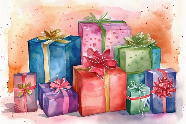 Watercolor of beautiful wrapped gifts and presents. Picture Board by Michael Piepgras