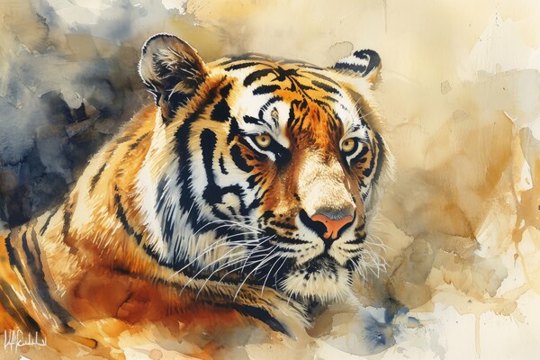 Watercolor painting of an impressive Tiger. Picture Board by Michael Piepgras