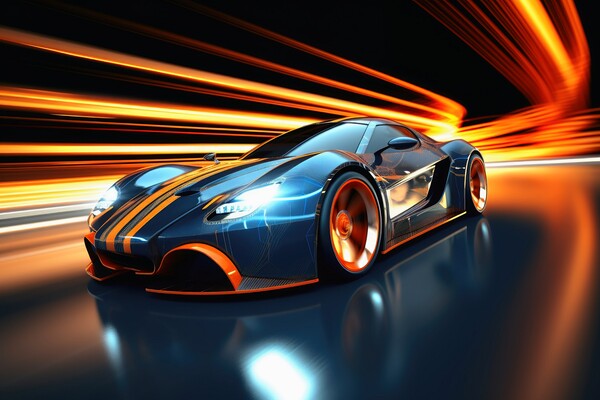 A fast modern hyper car with lightbeams showing the speed. Picture Board by Michael Piepgras