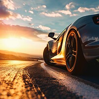 Buy canvas prints of A fast sports car with silver paintwork drives along a lonely ro by Michael Piepgras