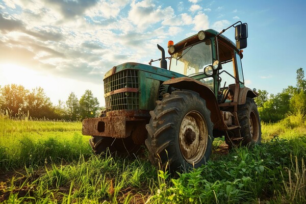 A large tractor on a farm working on a field. Picture Board by Michael Piepgras