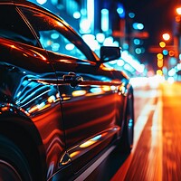 Buy canvas prints of A low angle view of a fast driving car on a city road at night. by Michael Piepgras