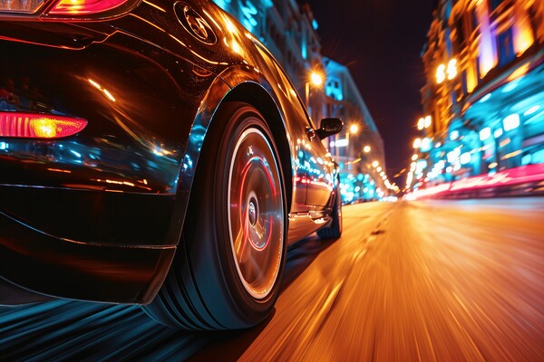 A low angle view of a fast driving car on a city road at night. Picture Board by Michael Piepgras