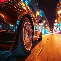 Buy canvas prints of A low angle view of a fast driving car on a city road at night. by Michael Piepgras