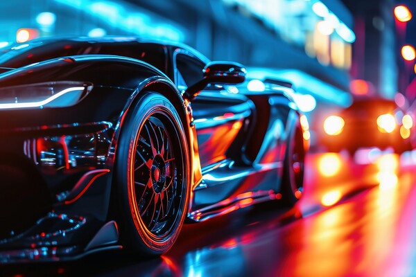 A low angle view of a fast driving sports car with neon lights o Picture Board by Michael Piepgras