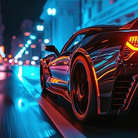 Buy canvas prints of A low angle view of a fast driving sports car with neon lights o by Michael Piepgras