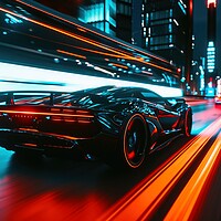 Buy canvas prints of A low angle view of a fast driving sports car with neon lights o by Michael Piepgras