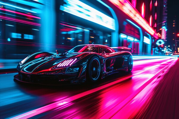 A low angle view of a fast driving sports car with neon lights o Picture Board by Michael Piepgras