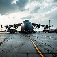 Buy canvas prints of A military transport airplane on an airport loading equipment. by Michael Piepgras