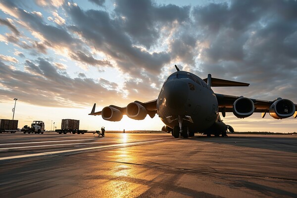 A military transport airplane on an airport loading equipment. Picture Board by Michael Piepgras
