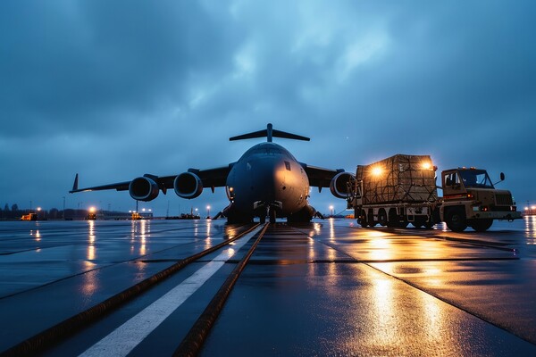 A military transport airplane on an airport loading equipment. Picture Board by Michael Piepgras