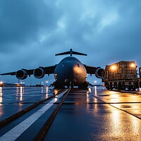 Buy canvas prints of A military transport airplane on an airport loading equipment. by Michael Piepgras