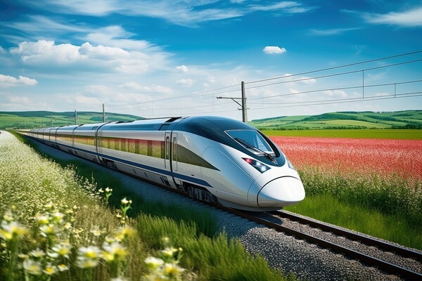 A modern high speed train racing through a scenic countryside landscape. Picture Board by Michael Piepgras