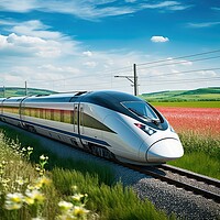 Buy canvas prints of A modern high speed train racing through a scenic countryside landscape. by Michael Piepgras