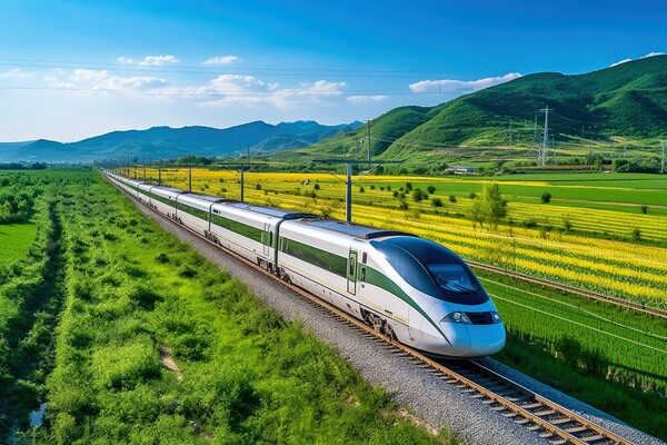 A modern high speed train racing through a scenic countryside la Picture Board by Michael Piepgras
