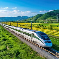 Buy canvas prints of A modern high speed train racing through a scenic countryside la by Michael Piepgras