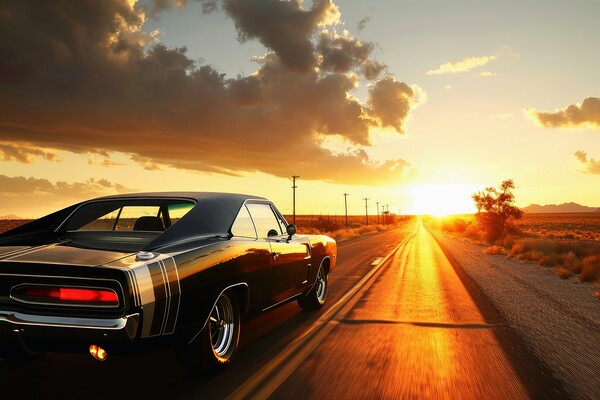 A muscle car driving into the sunset. Picture Board by Michael Piepgras