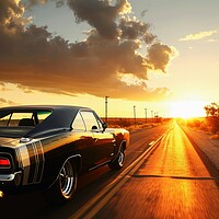 Buy canvas prints of A muscle car driving into the sunset. by Michael Piepgras