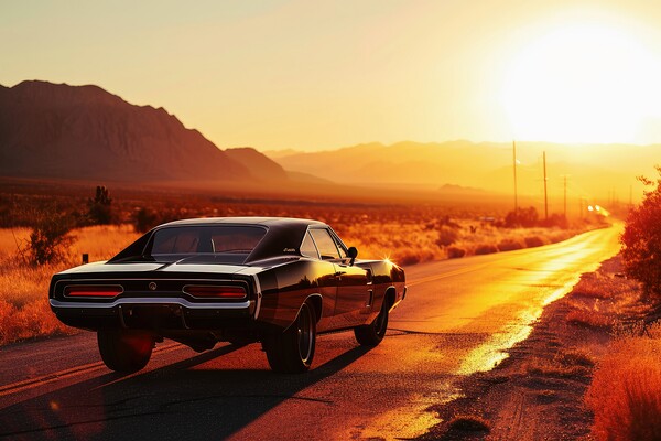 A muscle car driving into the sunset. Picture Board by Michael Piepgras