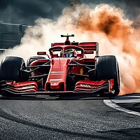 Buy canvas prints of A red hot racing car burning rubber on the asphalt dominating th by Michael Piepgras
