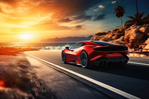 A sleek and powerful sports car racing down a scenic coastal roa Picture Board by Michael Piepgras