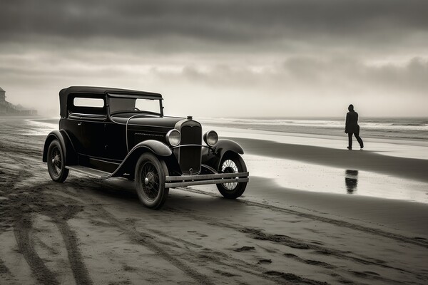 A vintage car arriving at a lonely beach. Picture Board by Michael Piepgras