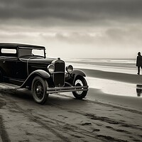 Buy canvas prints of A vintage car arriving at a lonely beach. by Michael Piepgras