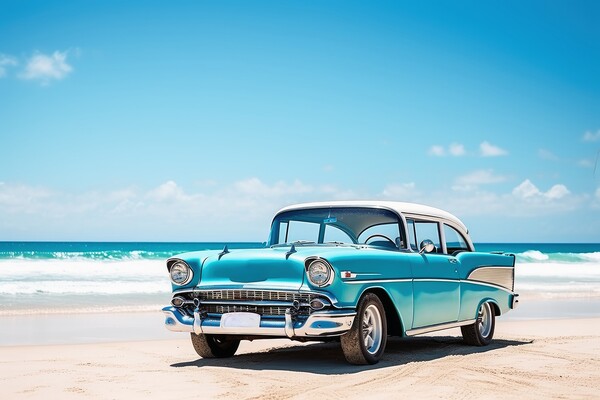 A vintage car arriving at a lonely beach. Picture Board by Michael Piepgras