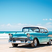 Buy canvas prints of A vintage car arriving at a lonely beach. by Michael Piepgras