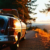 Buy canvas prints of A vintage car driving into the sunset. by Michael Piepgras