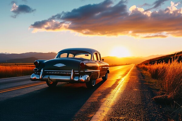 A vintage car driving into the sunset. Picture Board by Michael Piepgras