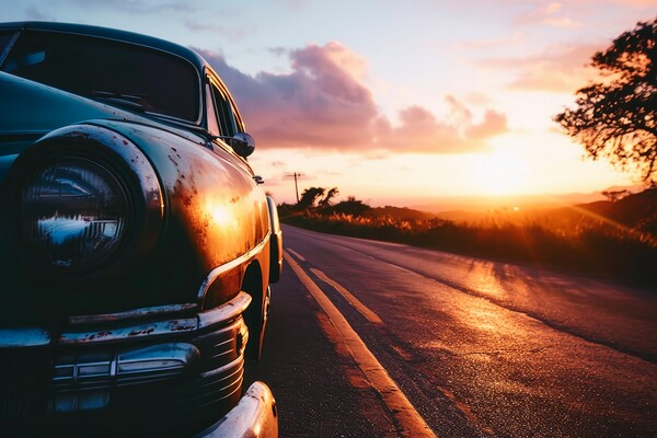 A vintage car driving into the sunset. Picture Board by Michael Piepgras