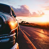 Buy canvas prints of A vintage car driving into the sunset. by Michael Piepgras