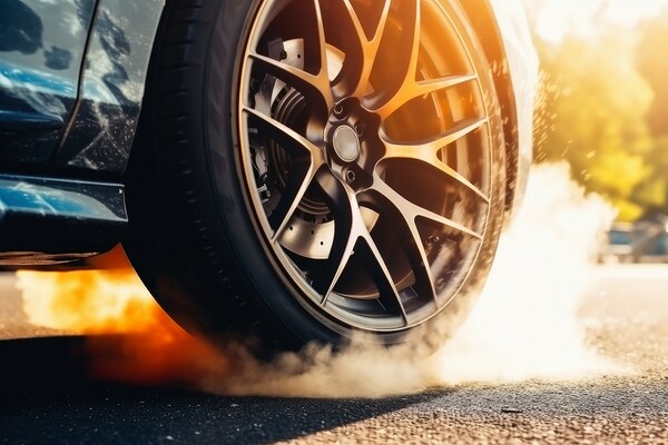 A wheel of a sports car spinning fast and producing smoke. Picture Board by Michael Piepgras