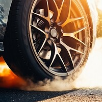 Buy canvas prints of A wheel of a sports car spinning fast and producing smoke. by Michael Piepgras