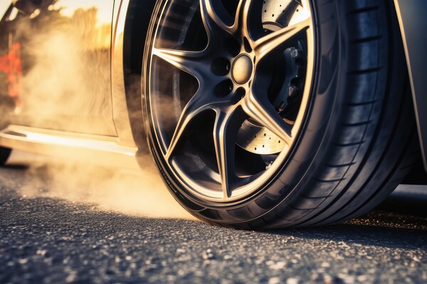 A wheel of a sports car spinning fast and producing smoke. Picture Board by Michael Piepgras