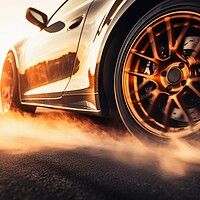 Buy canvas prints of A wheel of a sports car spinning fast and producing smoke. by Michael Piepgras