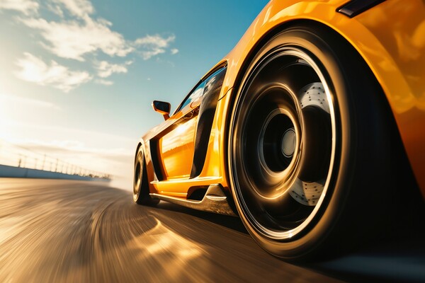 Close up of a fast turning wheel of a sports car. Picture Board by Michael Piepgras