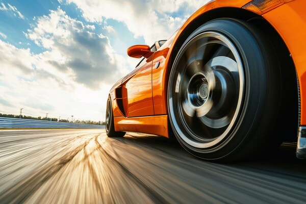 Close up of a fast turning wheel of a sports car. Picture Board by Michael Piepgras
