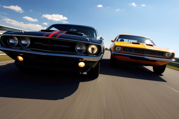 Doing a race with a another muscle car in a close up view. Picture Board by Michael Piepgras