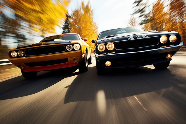 Doing a race with a another muscle car in a close up view. Picture Board by Michael Piepgras