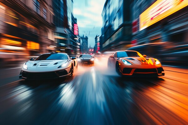 Fast cars in a race on a city road. Picture Board by Michael Piepgras