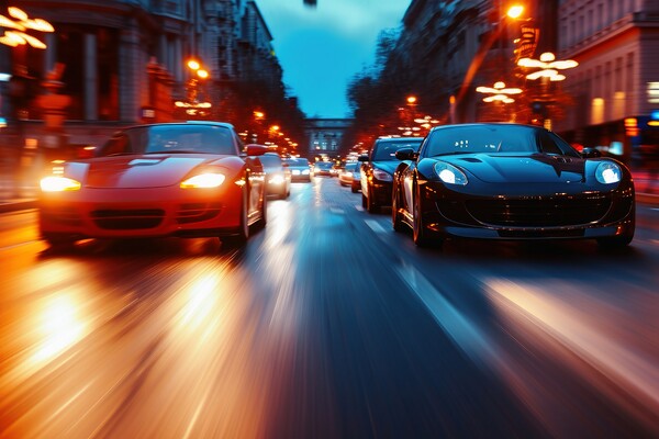 Fast cars in a race on a city road. Picture Board by Michael Piepgras